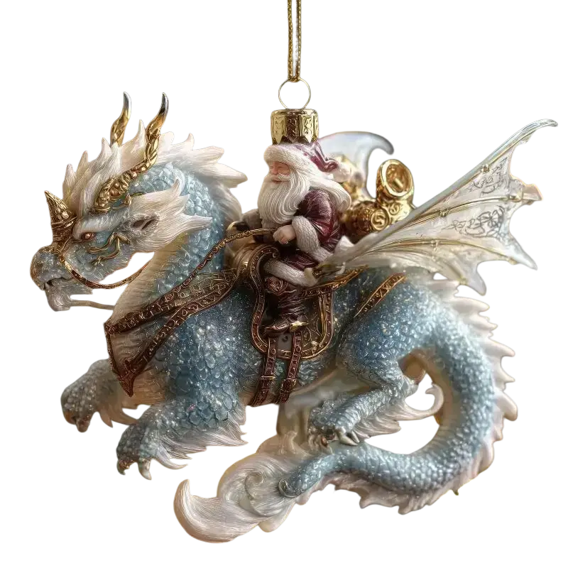 Acrylic light blue and white animal christmas dragon ornament with gold accents featuring santa claus for christmas tree