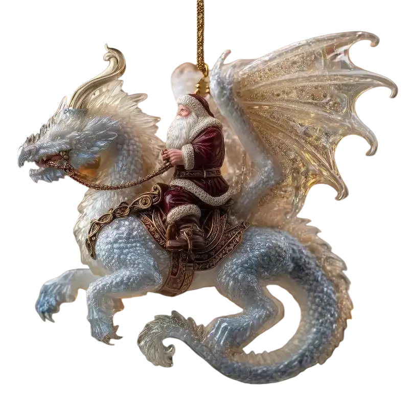 Animal christmas tree ornaments acrylic santa decor featuring santa claus riding a white dragon with gold details