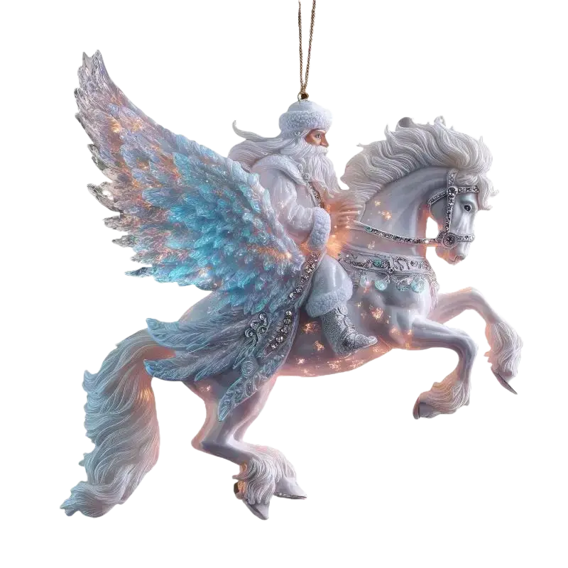 Acrylic animal christmas tree ornament featuring a glowing winged santa claus on a white horse with blue wings