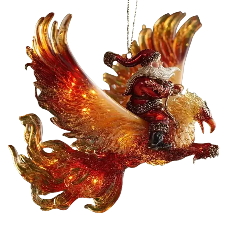 Acrylic animal Christmas tree ornament featuring a glowing red and gold Santa Claus riding a phoenix design