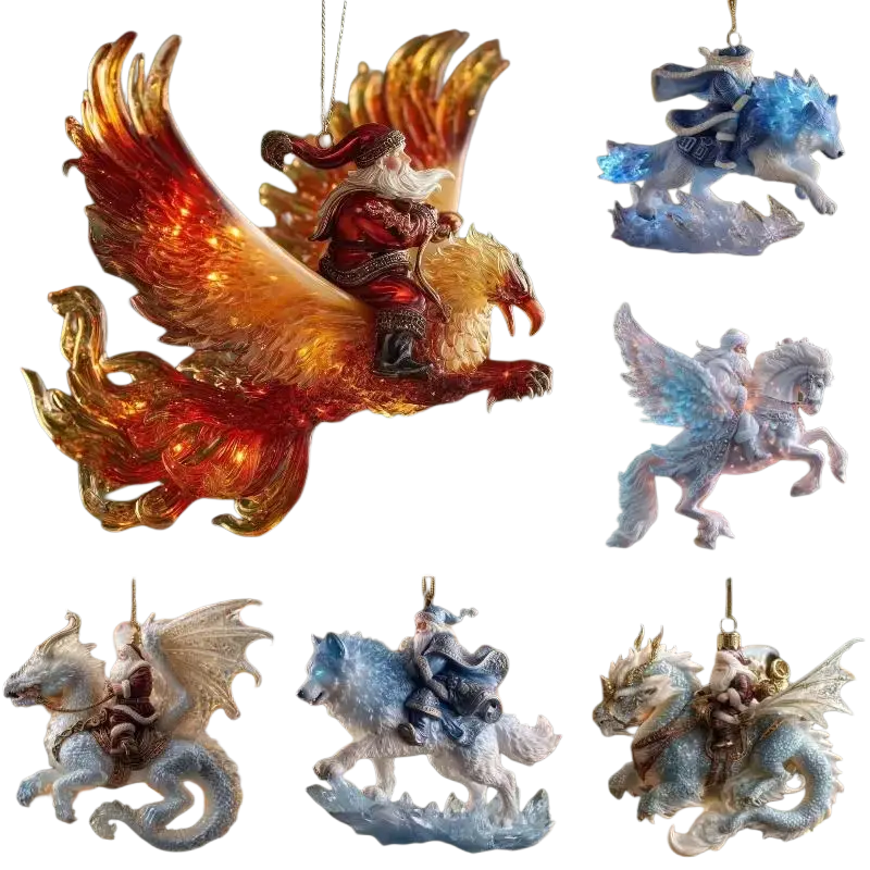Vibrant orange and gold translucent acrylic animal christmas ornament featuring santa riding a fiery griffin for christmas tree decor