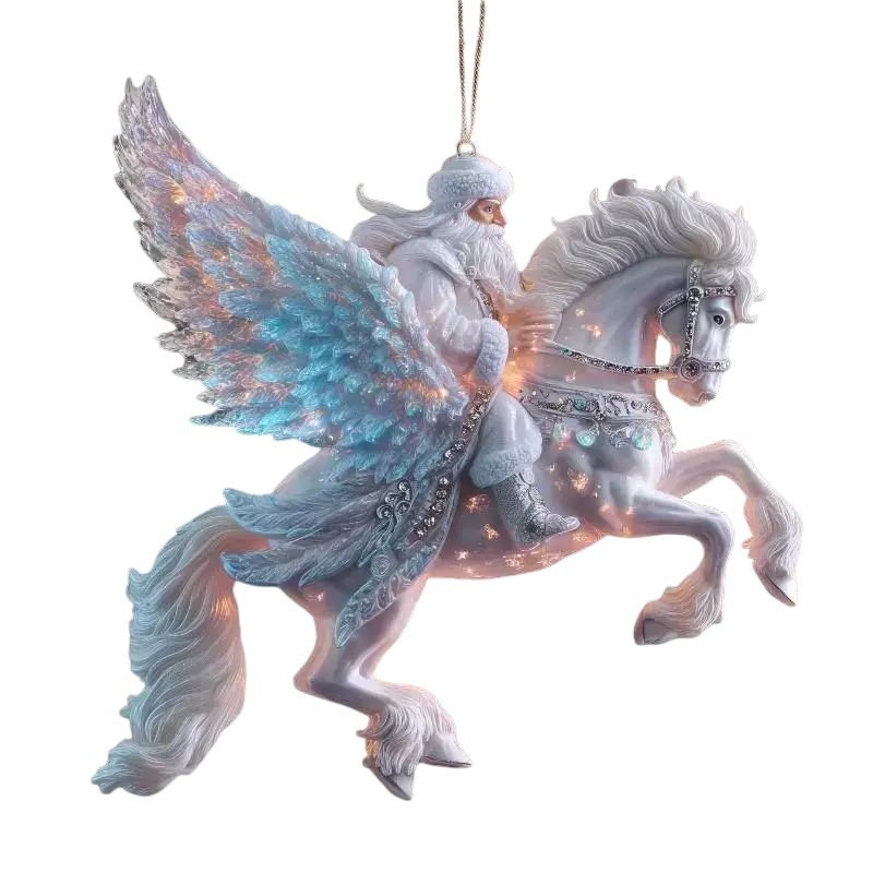A glowing white acrylic santa animal christmas tree ornament with translucent blue wings and silver detailing on a horse