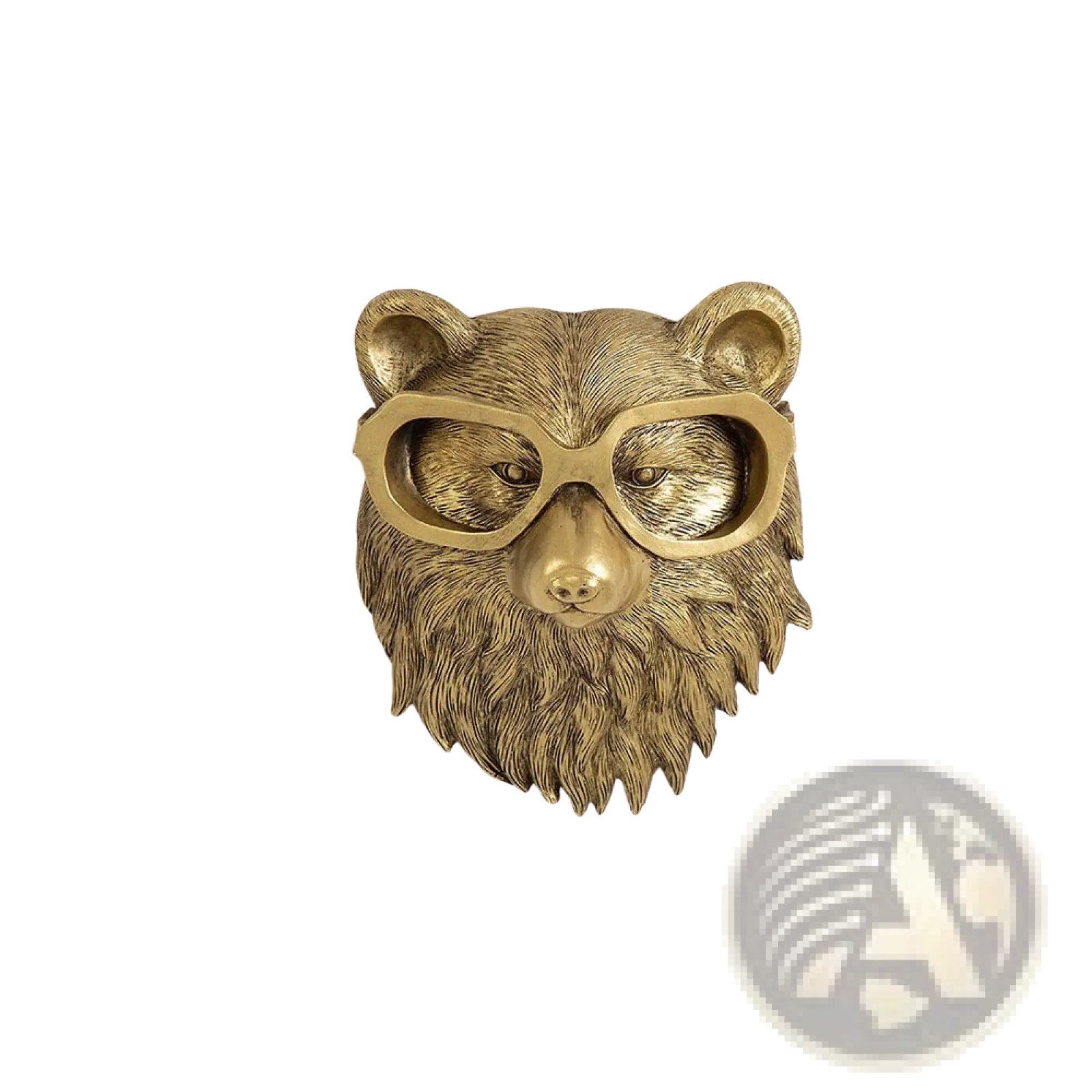 Gold-colored brass resin bear head wall decor with detailed fur texture and matching glasses for animal figurine display