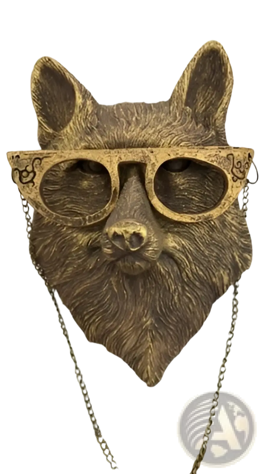 Bronze-colored fox head wall decor in brass resin with vintage-style glasses and a dangling chain ornament