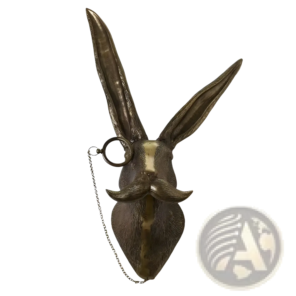 Antique brass resin rabbit head wall decor with mustache and attached pocket watch chain featuring glasses