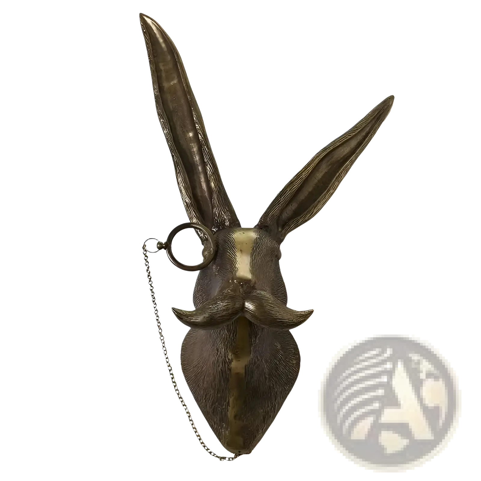 Antique brass resin rabbit head wall decor with mustache and attached pocket watch chain featuring glasses
