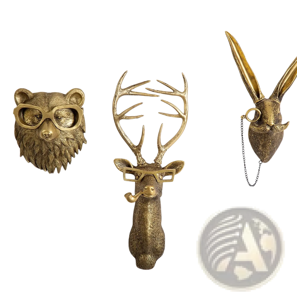 Golden metallic deer head wall decor with brass resin material antlers and glasses for stylish interior display