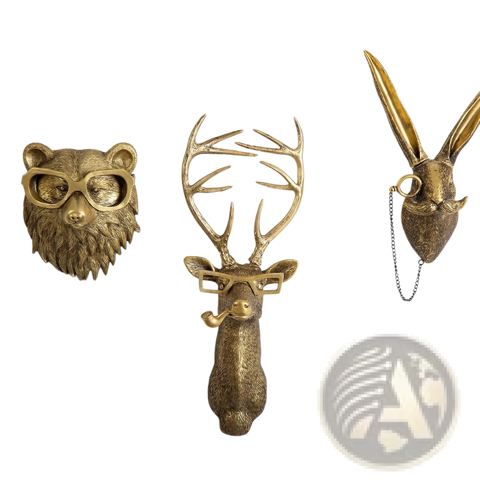 Golden metallic deer head wall decor with brass resin material antlers and glasses for stylish interior display