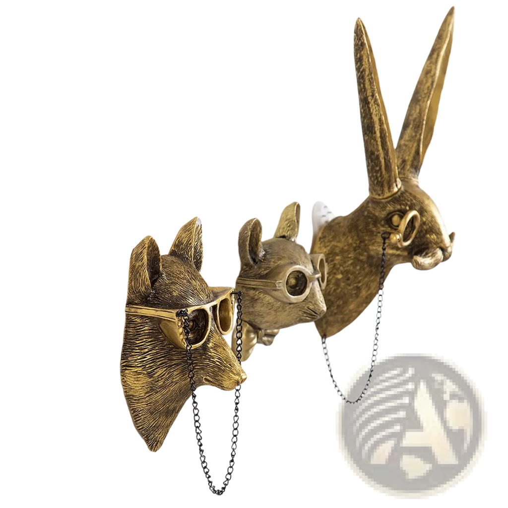 Golden brass animal head wall decor featuring a rabbit and two smaller rodents wearing sunglasses with black chains