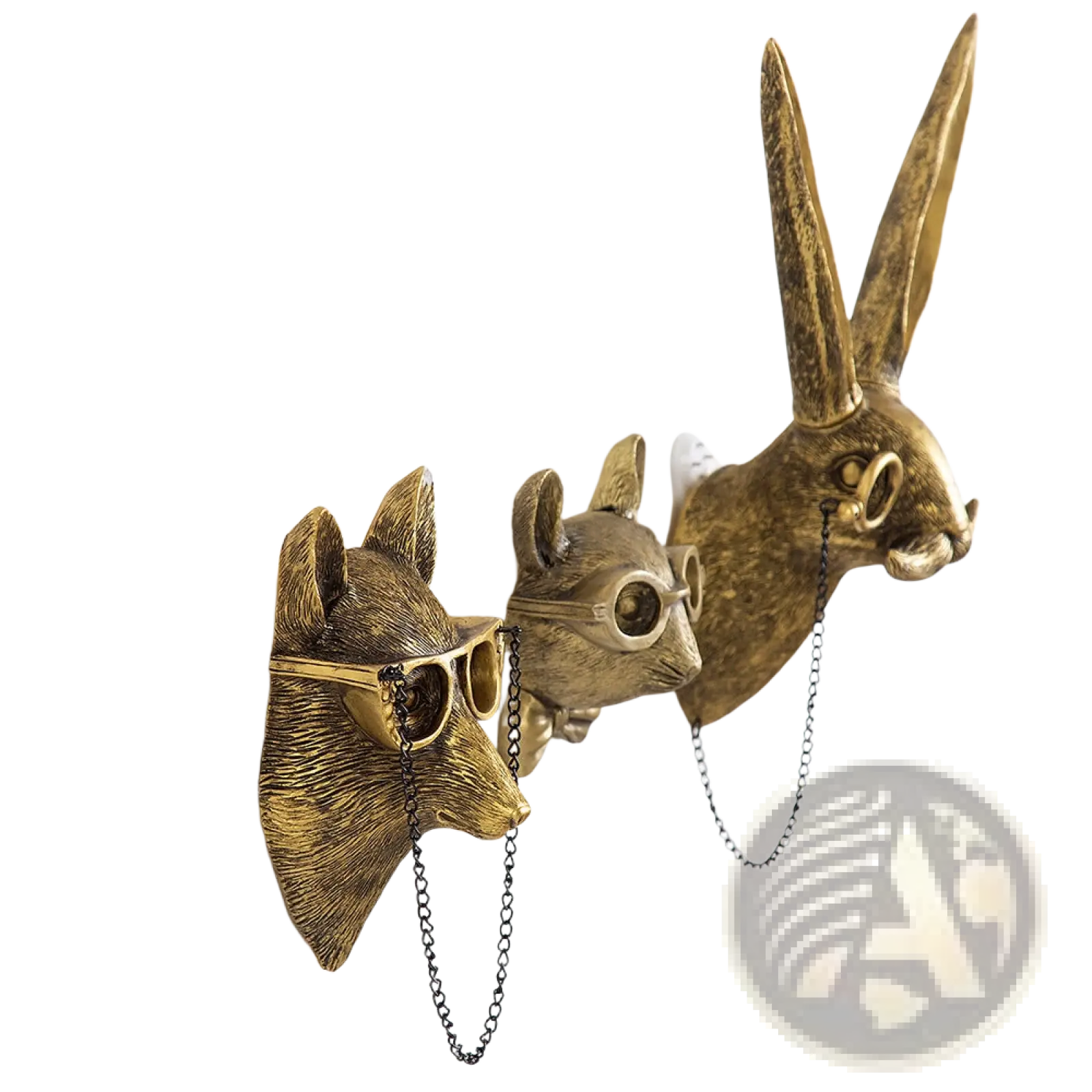 Golden brass animal head wall decor featuring a rabbit and two smaller rodents wearing sunglasses with black chains