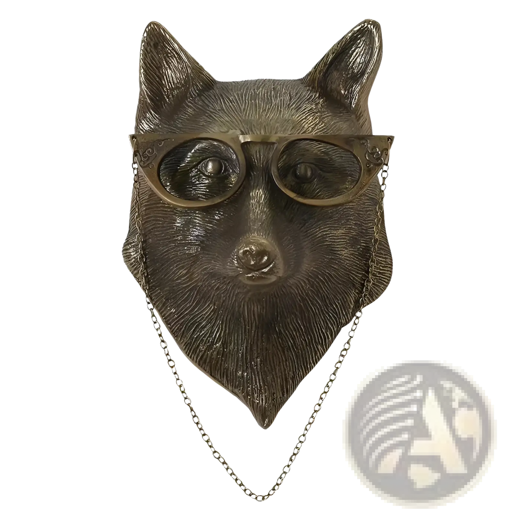 Antique bronze fox head wall decor made of brass resin with detailed fur texture and vintage-style glasses