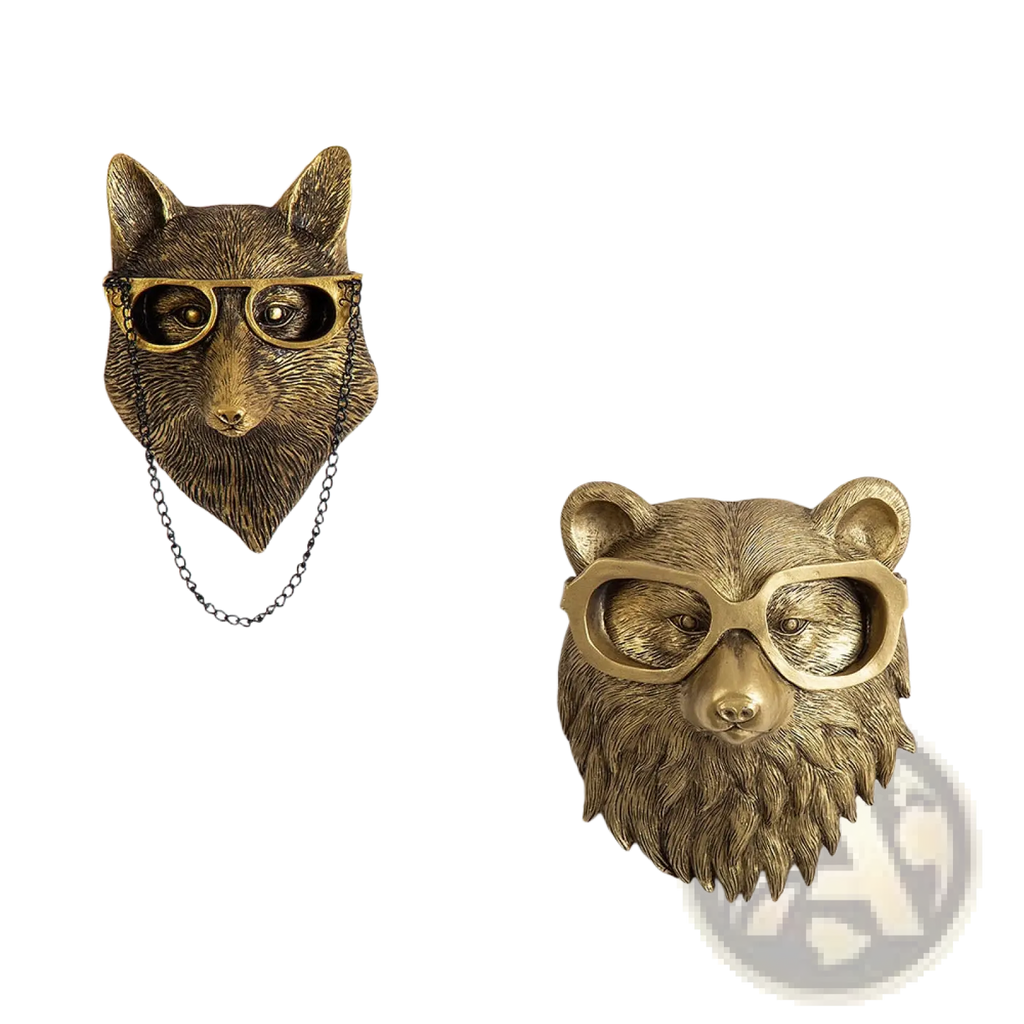 Antique brass fox and bear animal head wall decor resin figurines with glasses for stylish home decoration