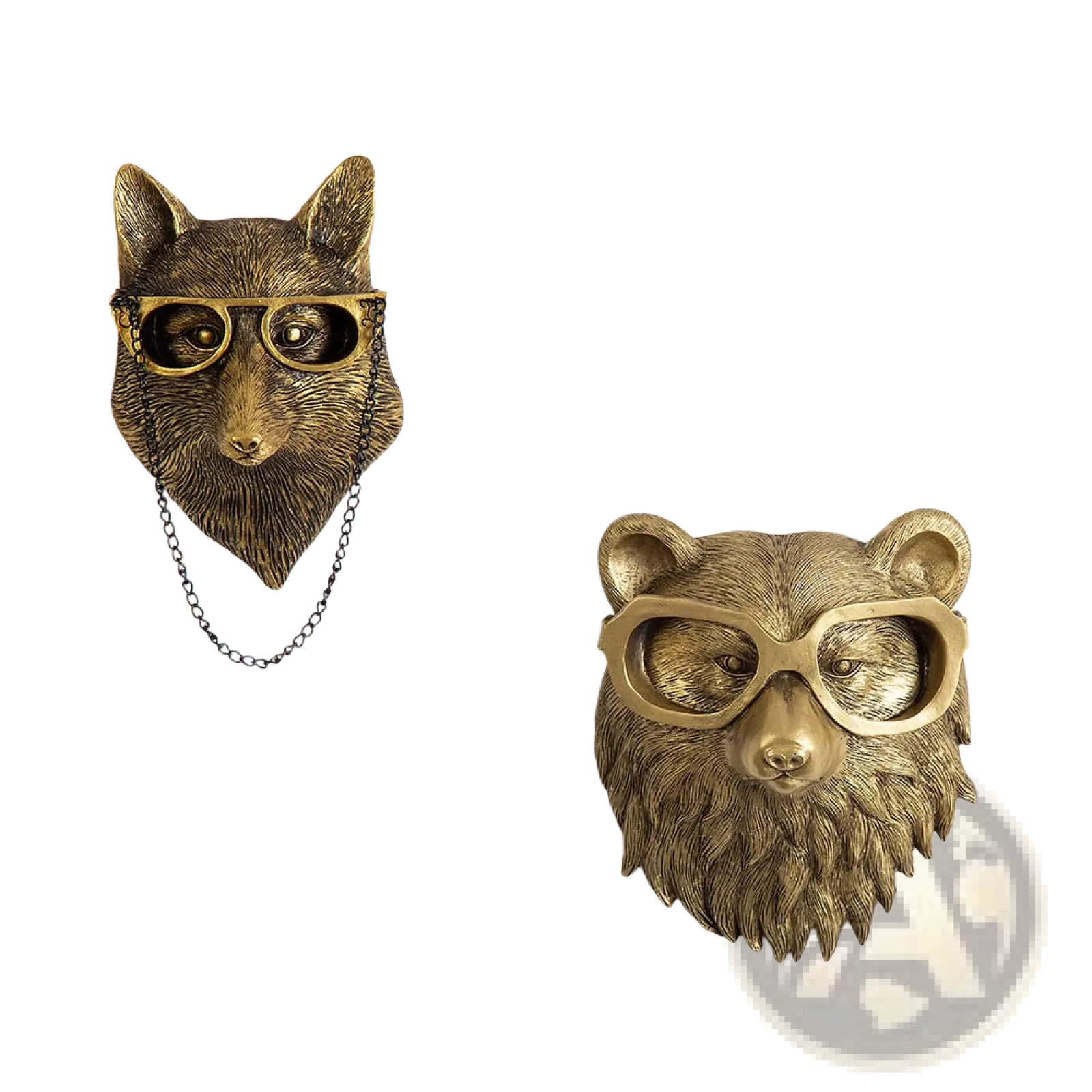 Antique brass fox and bear animal head wall decor resin figurines with glasses for stylish home decoration