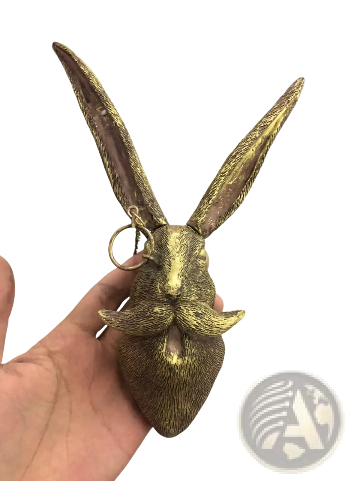 Golden rabbit head keychain with textured brass resin surface and long ears from animal head wall decor figurines with glasses