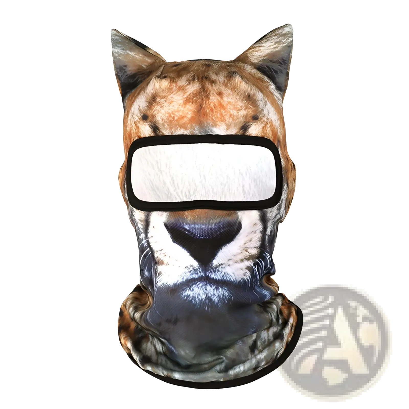 Animal pattern sun protection balaclava mask with realistic tan and brown cougar print and black-tipped ears full face design