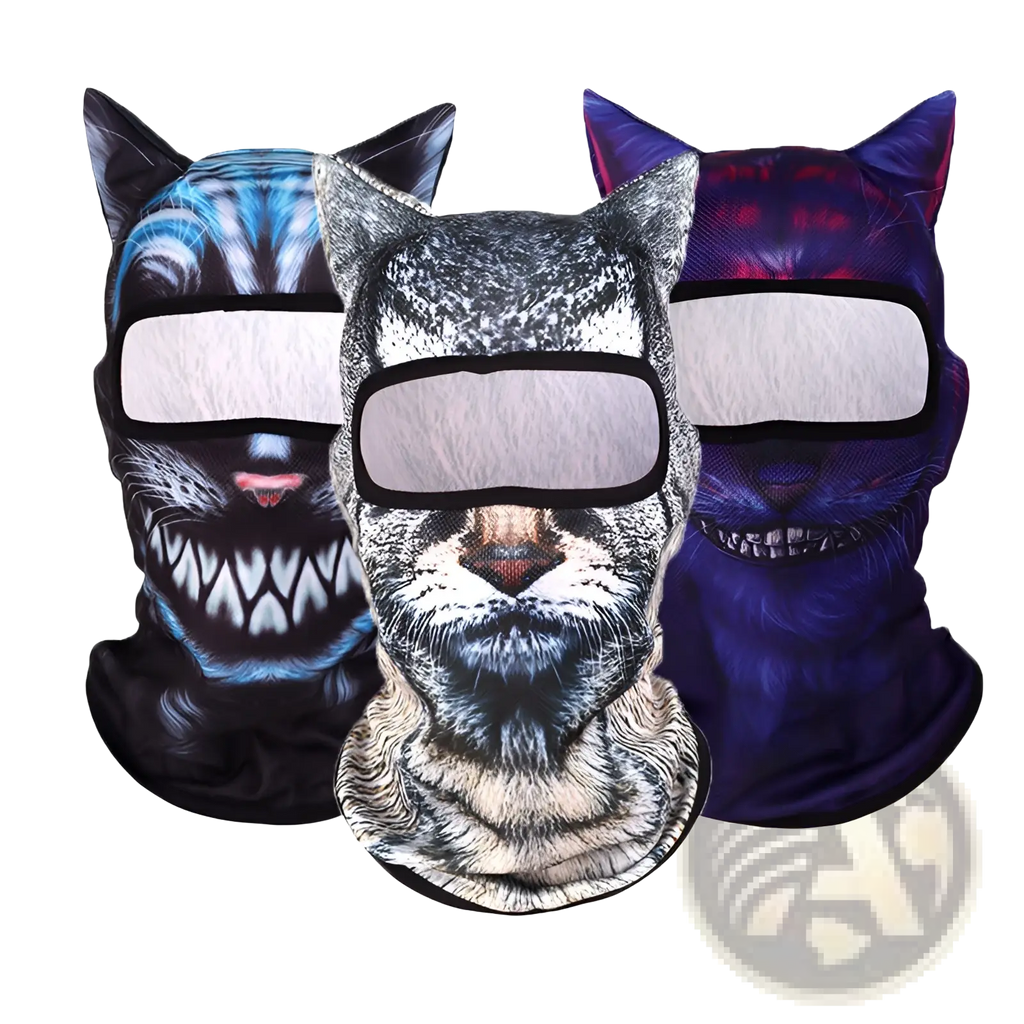 Three cat-themed animal pattern sun protection balaclava masks with blue gray and purple printed fur designs