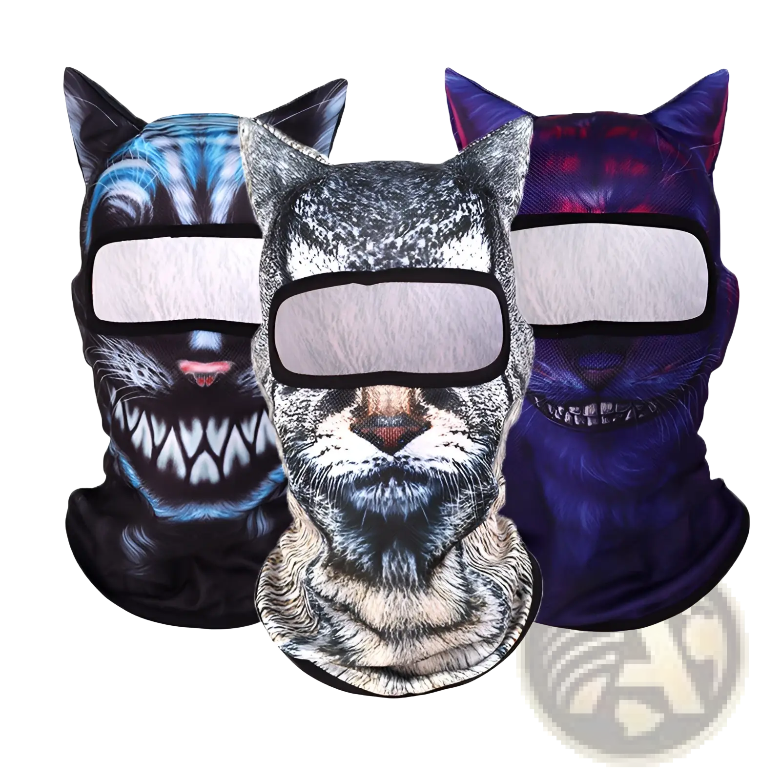 Three cat-themed animal pattern sun protection balaclava masks with blue gray and purple printed fur designs