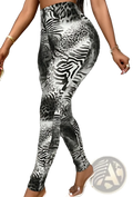 Black and white animal print stretchy high waisted leggings featuring bold zebra and leopard patterns