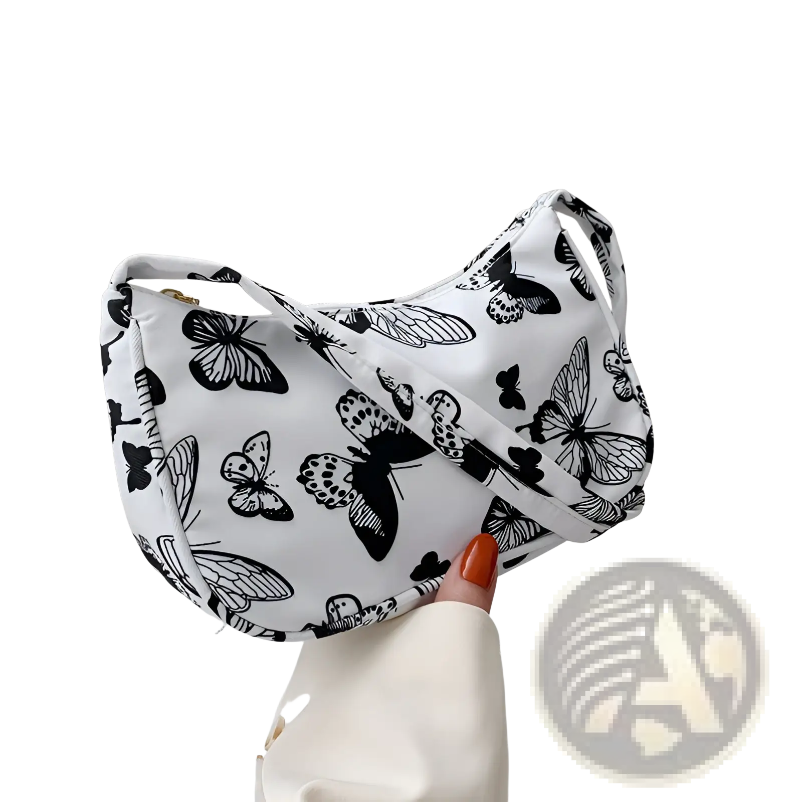 White canvas underarm shoulder bag for women with black butterfly print animal design