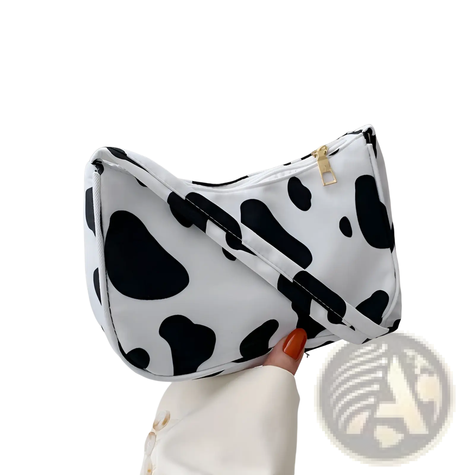 Animal print underarm shoulder bag for women in white and black cow print with gold zipper closure