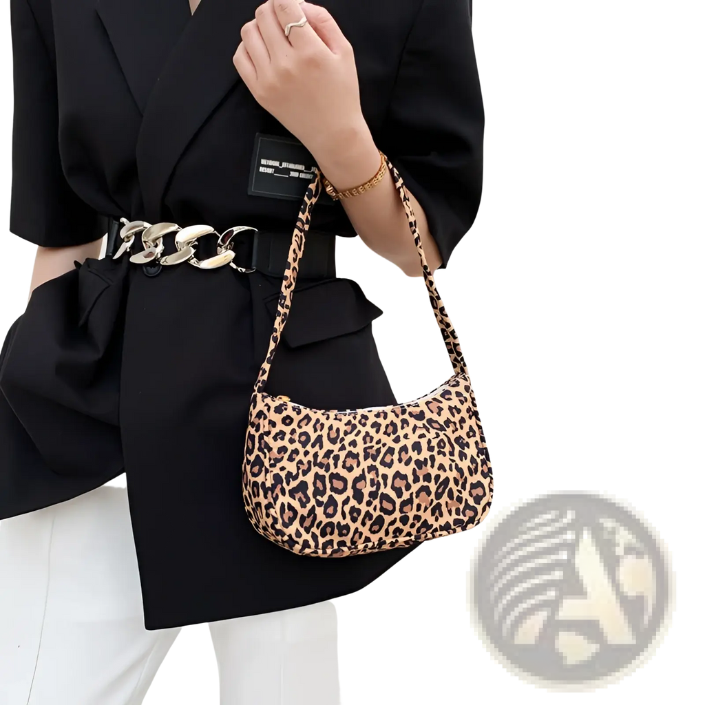 Leopard-print underarm shoulder bag for women with curved soft fabric body and matching strap