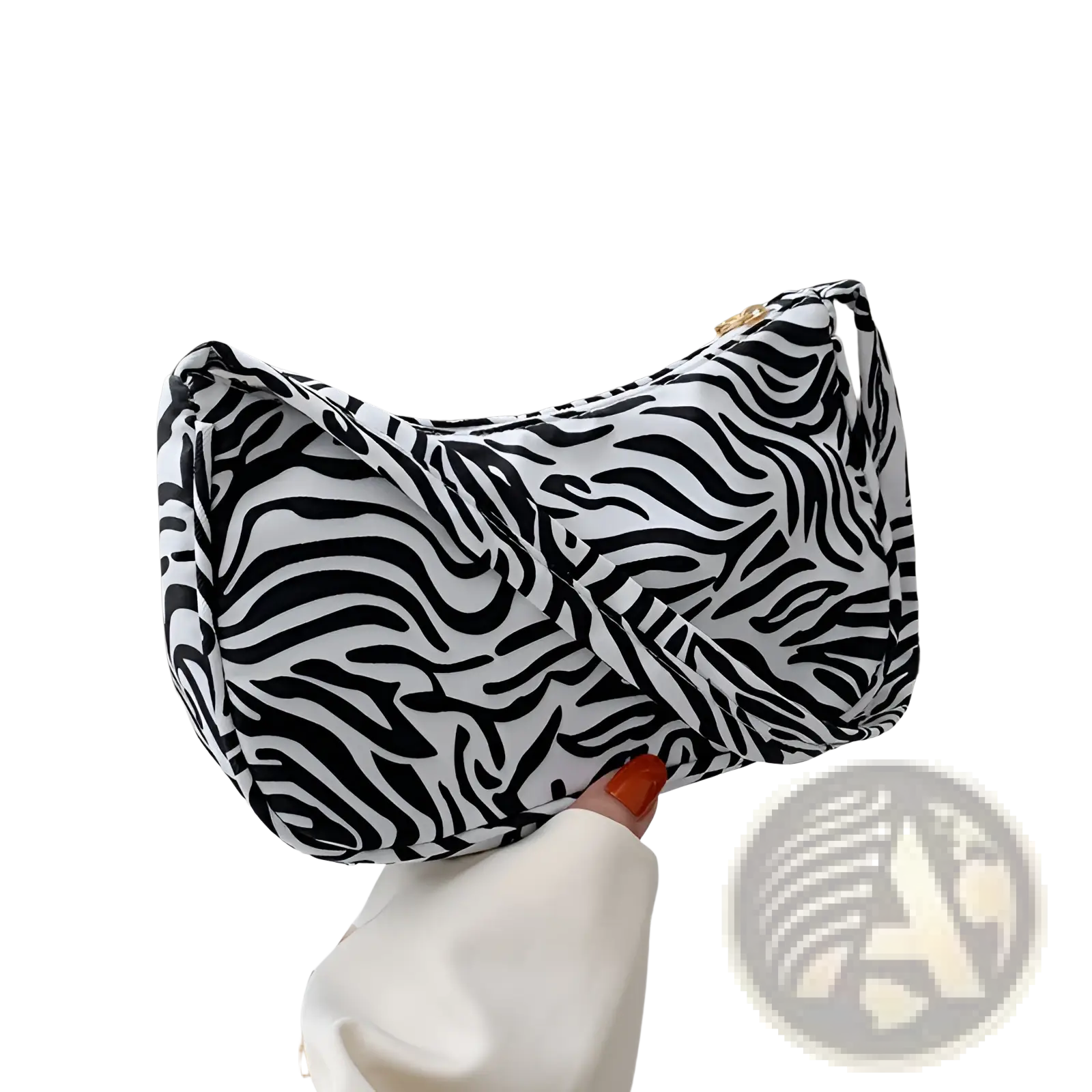 Animal print underarm shoulder bag for women featuring a black and white zebra print with a sleek curved design
