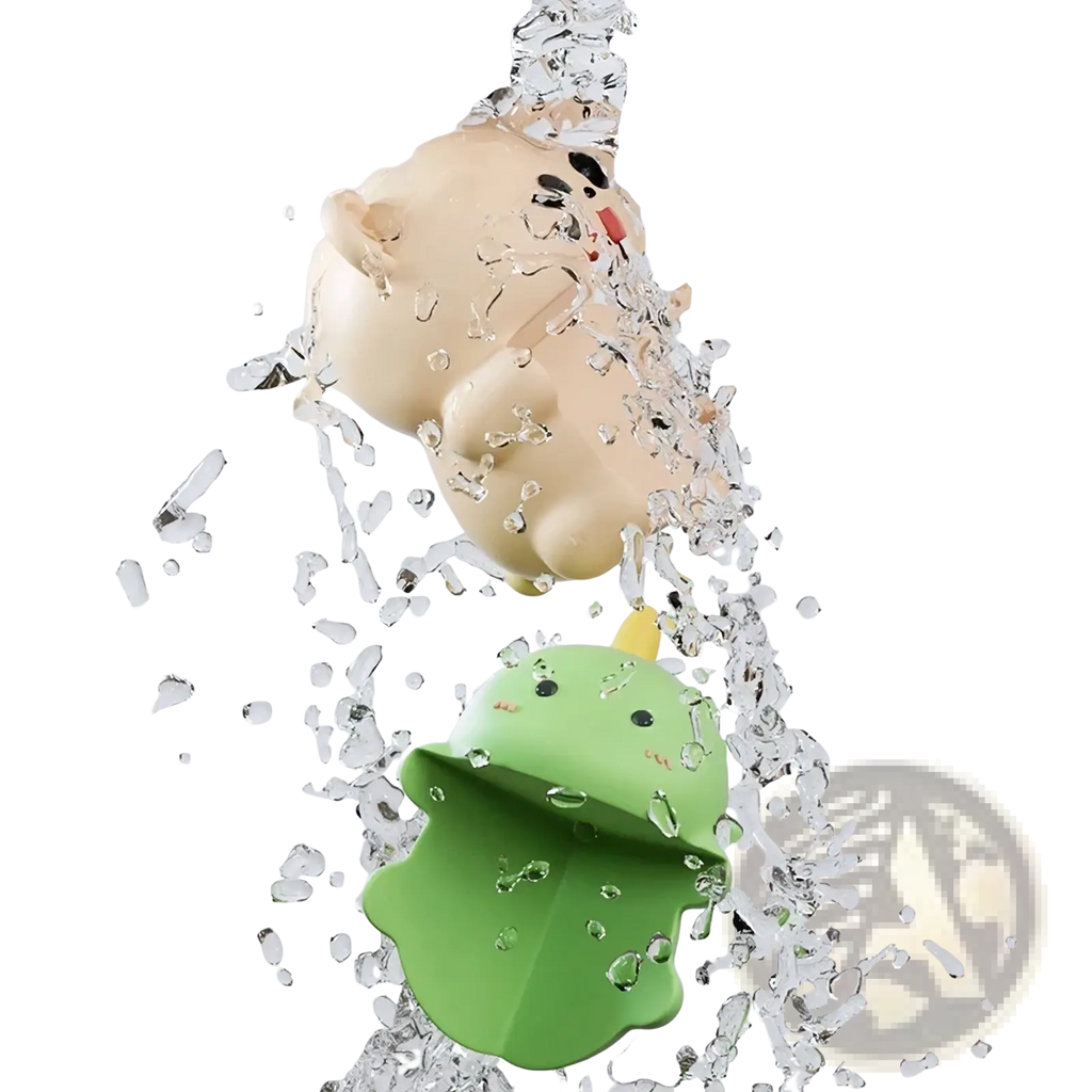 Beige and green animal table corner protector bath toys with black eyes red nose accents and yellow horn for baby safety