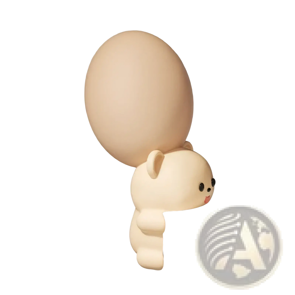 Beige plastic animal table corner protector in bear shape with rounded ears and pink tongue for baby safety