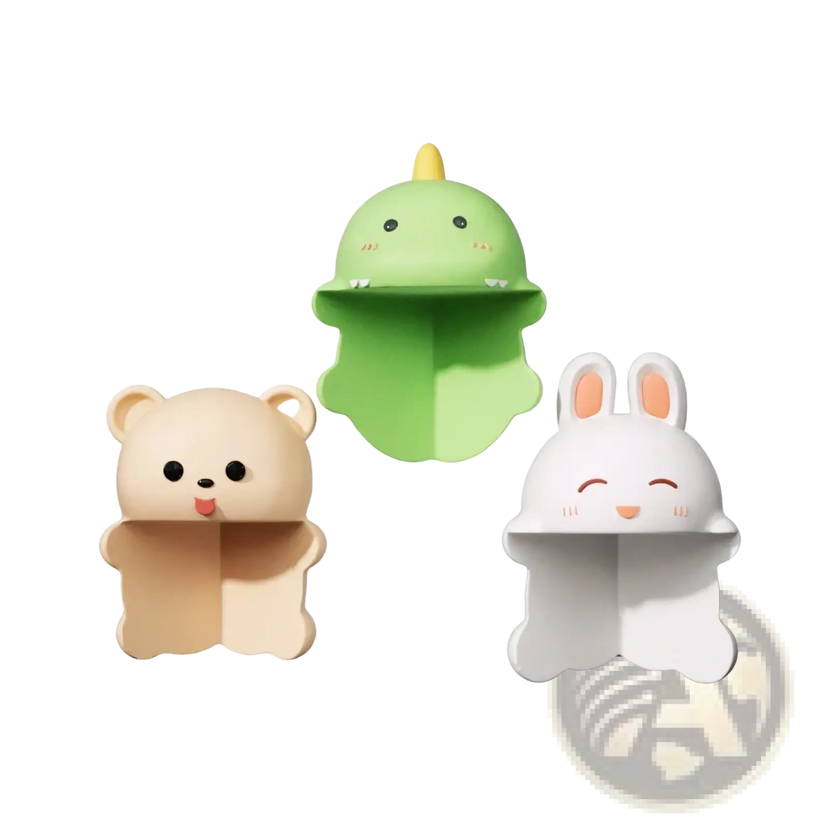 Animal table corner protectors made of soft-colored plastic shaped like a bear dinosaur and rabbit for baby safety