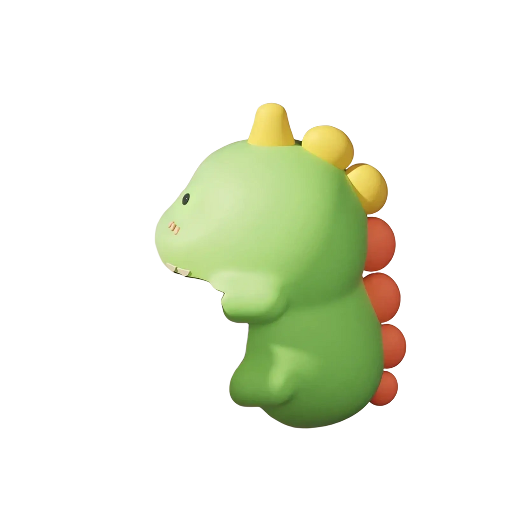 Green dinosaur-shaped animal table corner protector with yellow horns and orange spines for baby safety