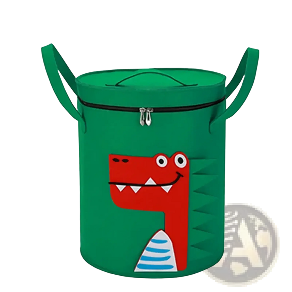 Green cylindrical animal toy storage basket with red cartoon crocodile face blue-striped belly black zipper closure
