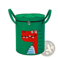 Green cylindrical animal toy storage basket with red cartoon crocodile face blue-striped belly black zipper closure