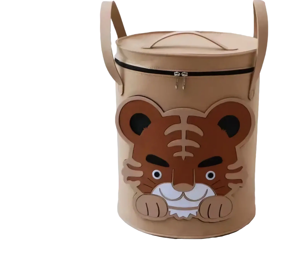 Beige cylindrical animal toy storage basket with lid featuring cartoon tiger face design and two side handles