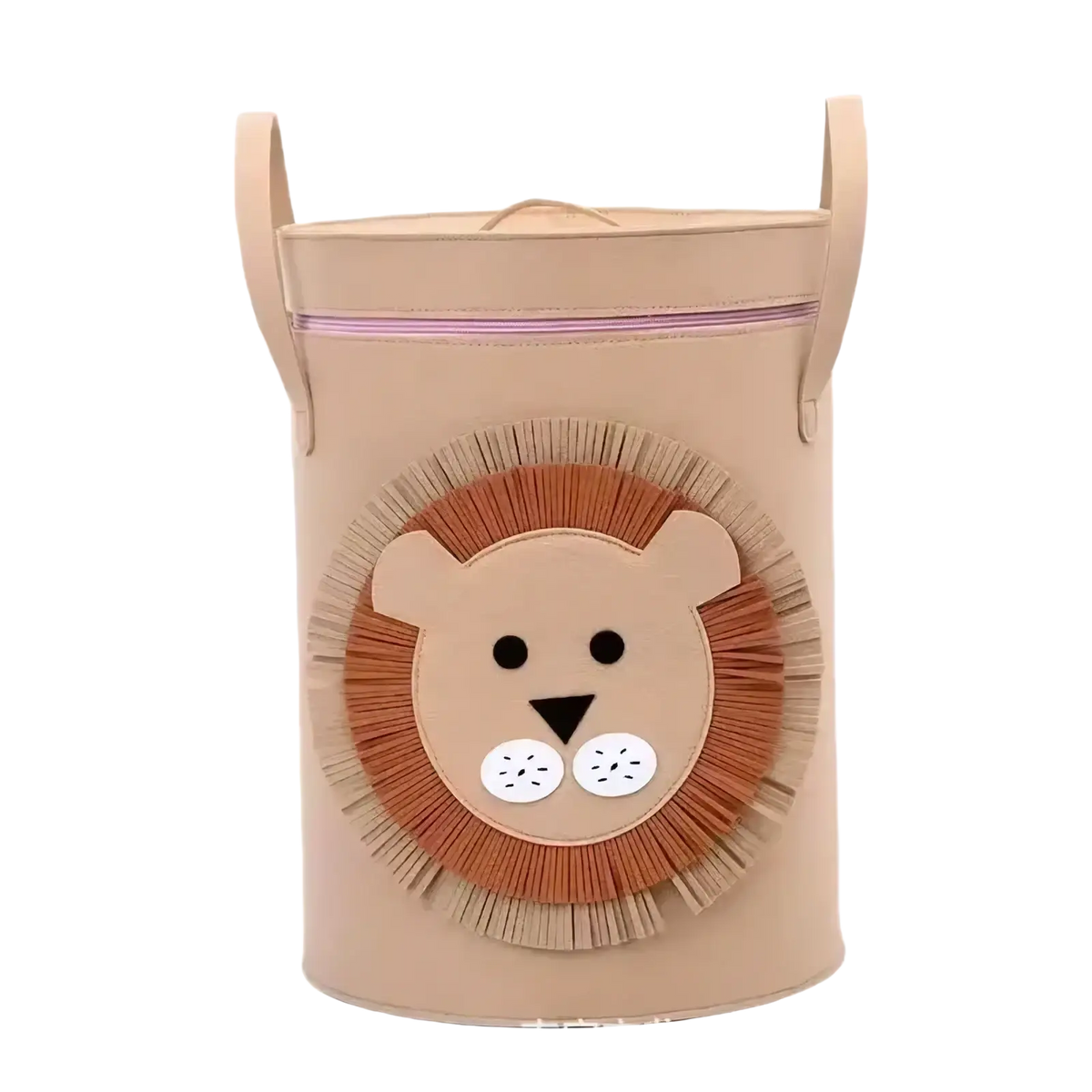 Beige cylindrical lion-themed animal toy storage basket with fringed mane black button eyes and lid for laundry storage