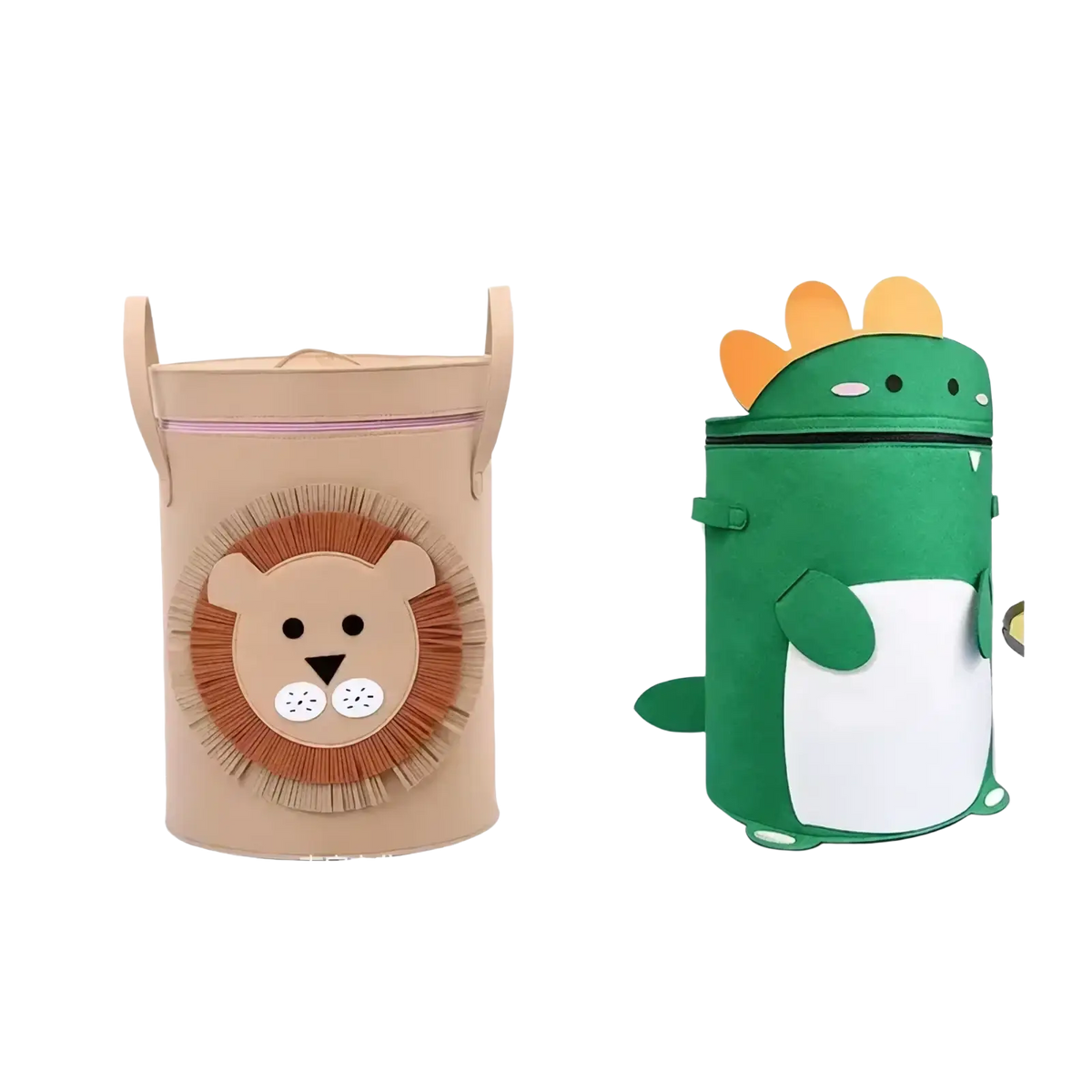 Beige and green animal toy storage basket with lid featuring lion face and dinosaur shape with orange spikes