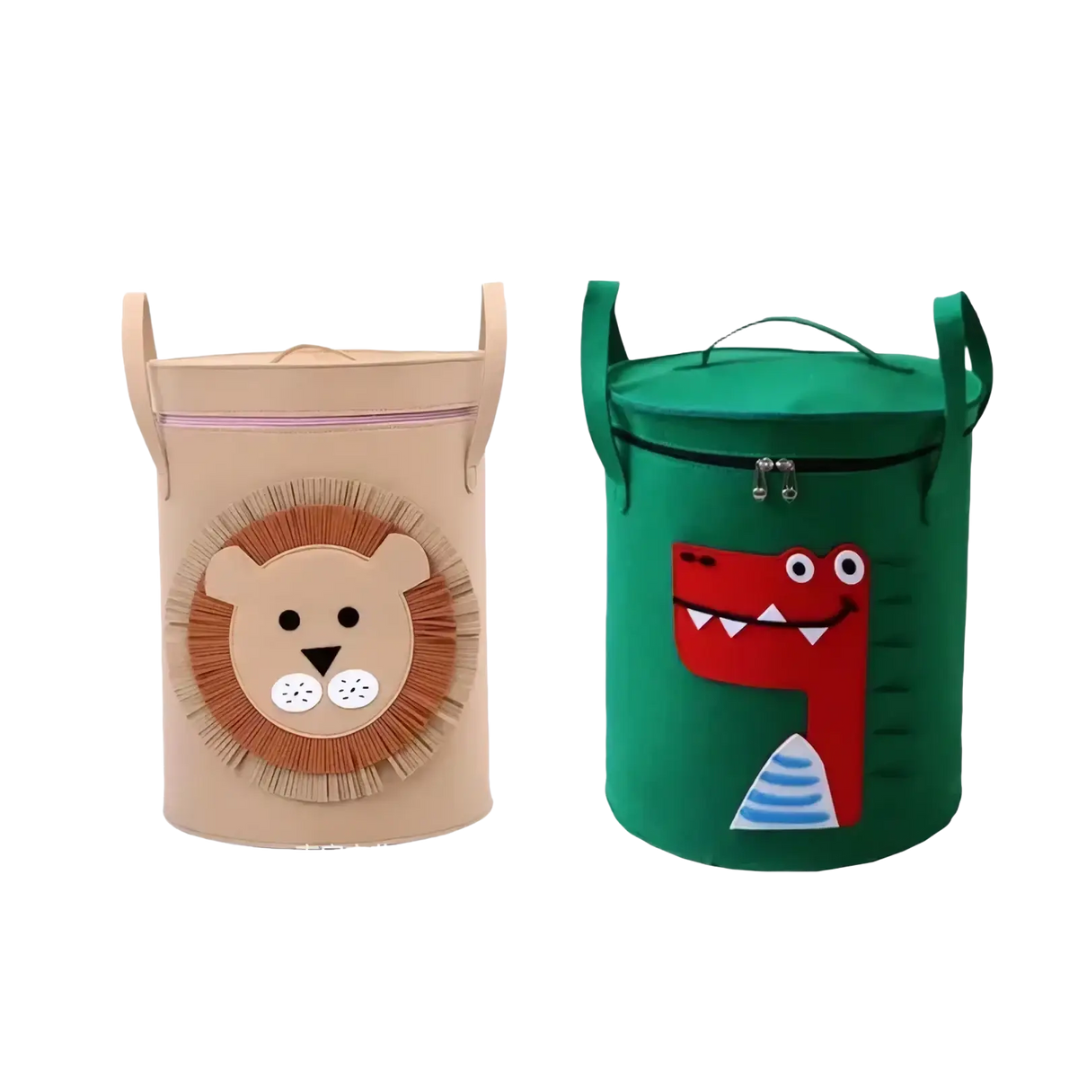 Animal toy storage basket with lid featuring beige and green fabric bins with embroidered lion and dinosaur faces and handles