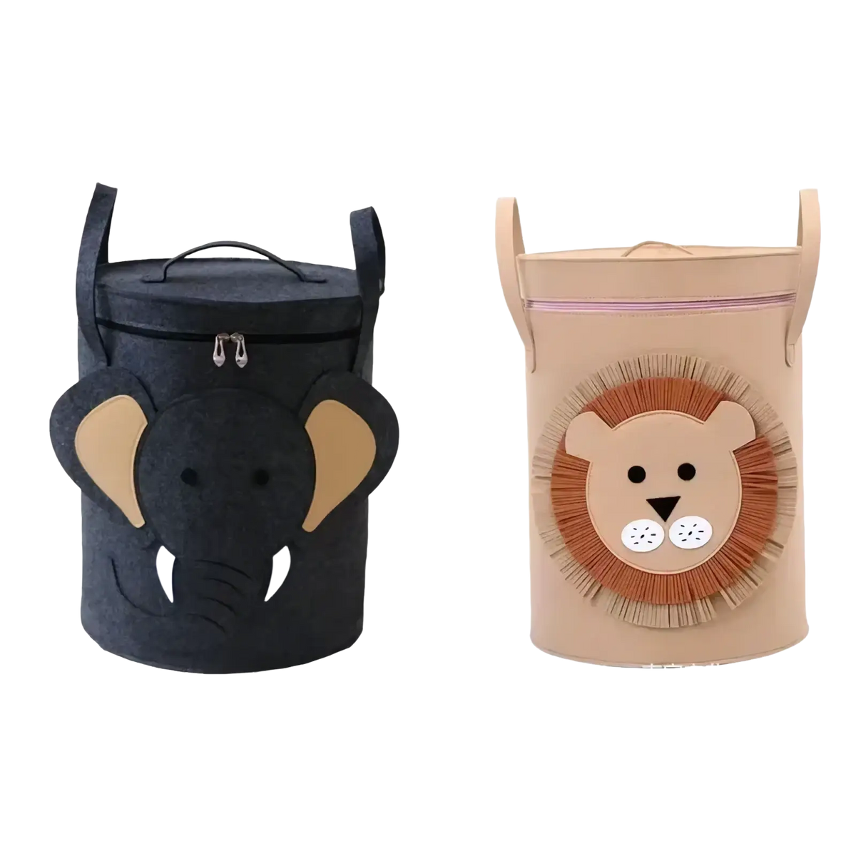 Black and beige animal toy storage baskets with lids featuring embroidered elephant and lion faces for organizing toys