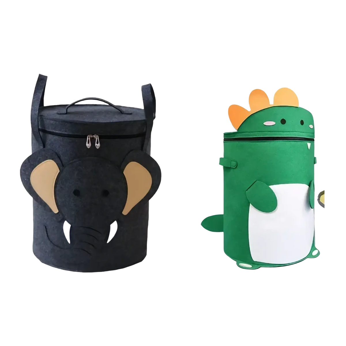 Black felt elephant-shaped animal toy storage basket with tan ears white tusks top handle and zipper closure