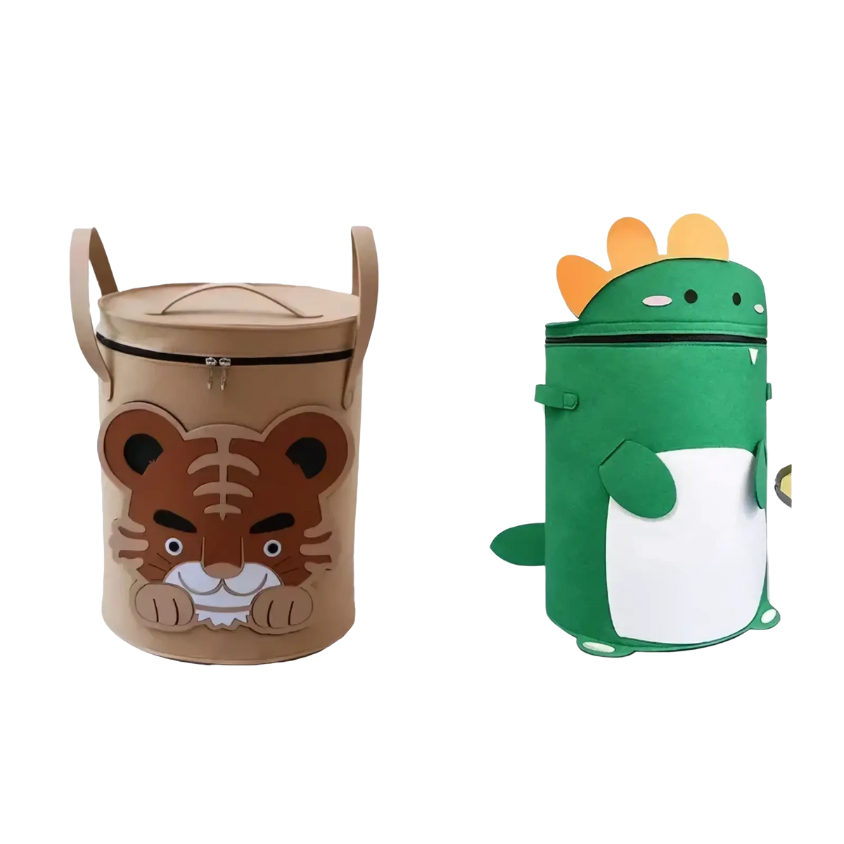 C&e animal toy storage baskets with lids in tan with cartoon tiger face and green with dinosaur design cylindrical bins