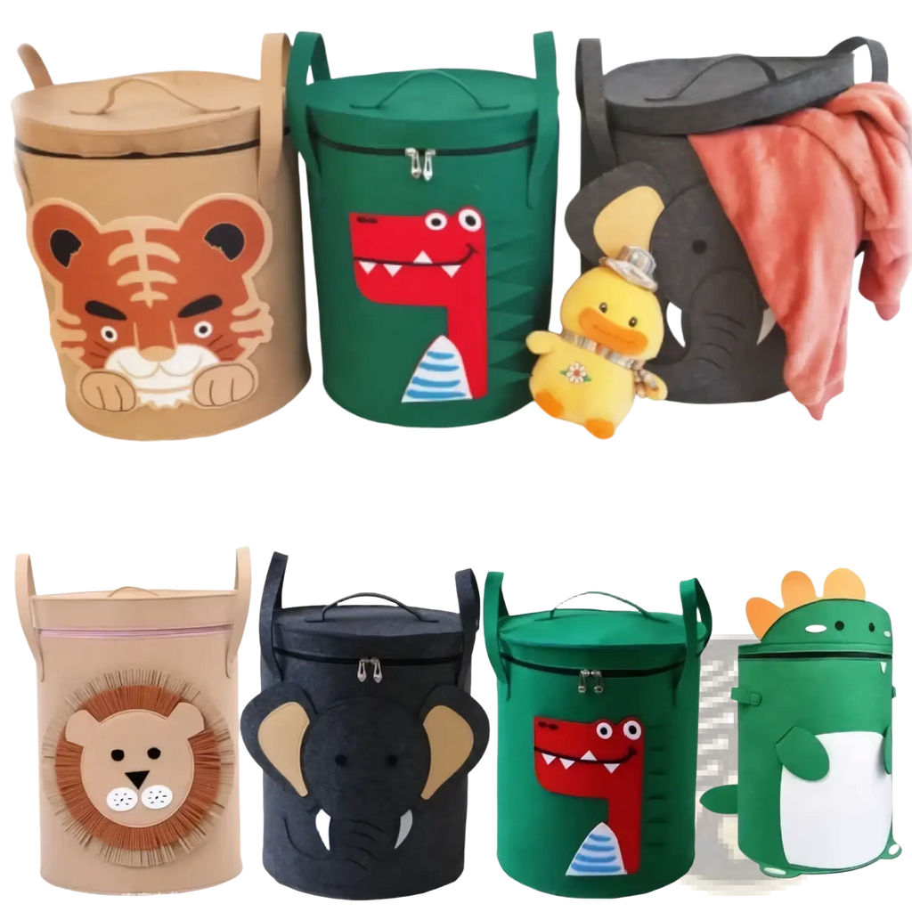 Animal toy storage basket with lid featuring soft fabric in playful colors and embroidered tiger dinosaur and elephant faces