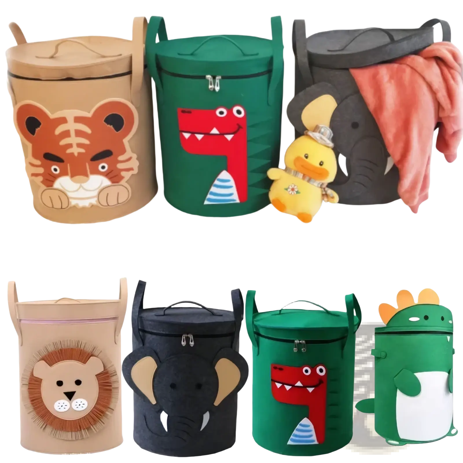 Animal toy storage basket with lid featuring soft fabric in playful colors and embroidered tiger dinosaur and elephant faces