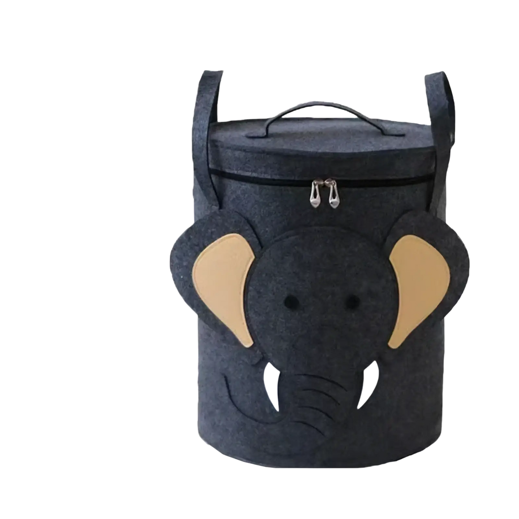 Dark gray felt elephant-themed animal toy storage basket with tan ears white tusks zipper closure and two handles