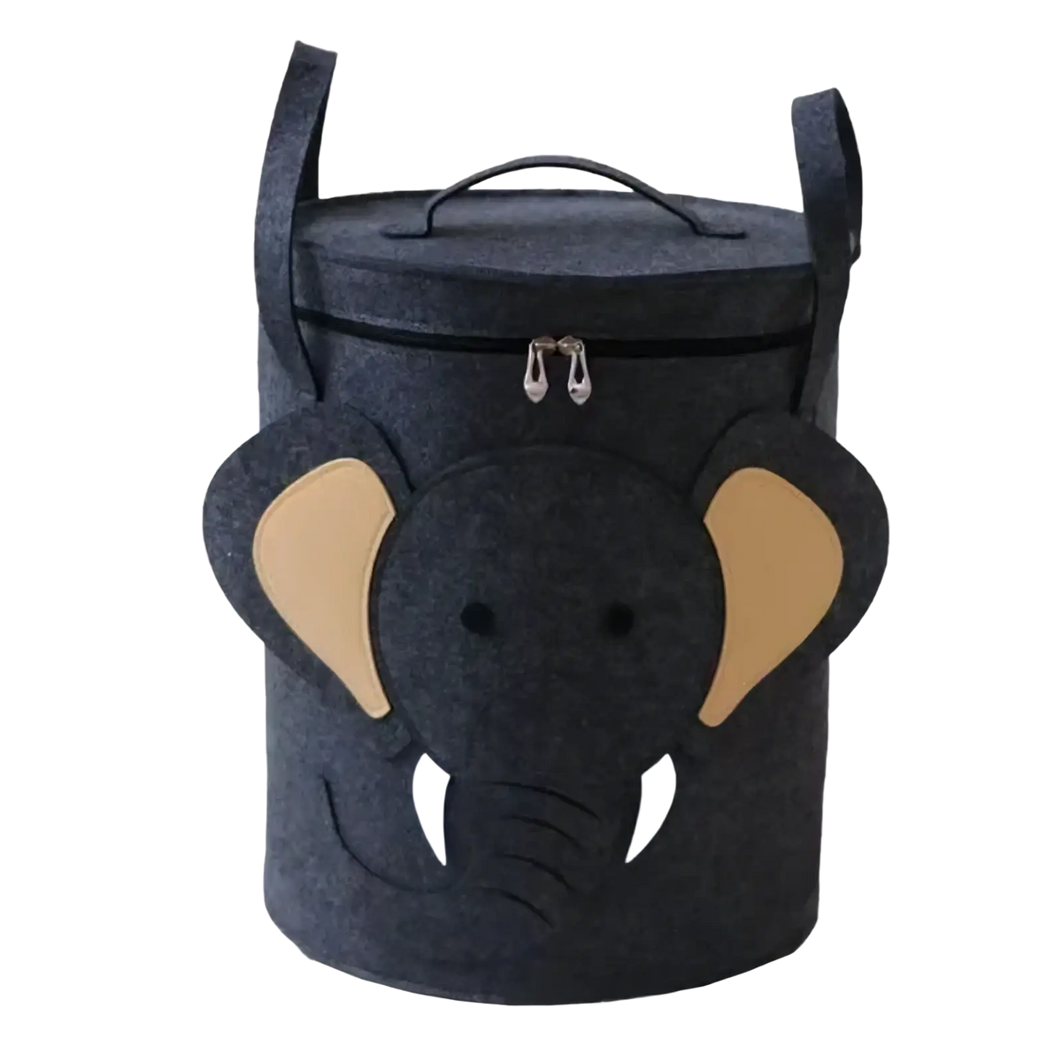 Dark gray felt elephant-themed animal toy storage basket with zippered lid tan ears white tusks and carrying handles