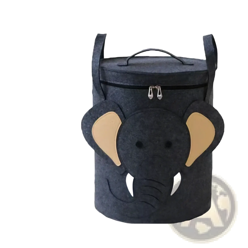 Dark gray felt elephant-themed animal toy storage basket with tan ears white tusks zipper closure and two handles