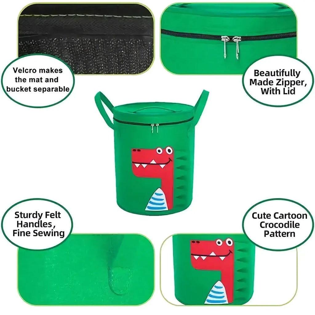 Green crocodile-themed animal toy storage basket with zipper lid and felt handles for organized storage