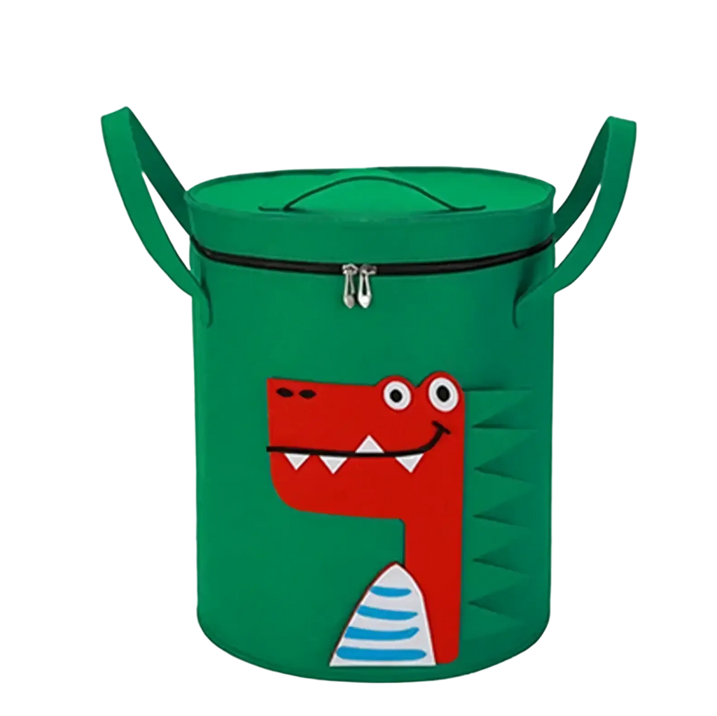 Green cylindrical animal toy storage basket with red cartoon crocodile face blue-striped belly black zipper closure