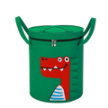 Green cylindrical animal toy storage basket with red cartoon crocodile face blue-striped belly black zipper closure