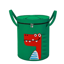 Green cylindrical animal toy storage basket with red cartoon crocodile face blue-striped belly black zipper closure