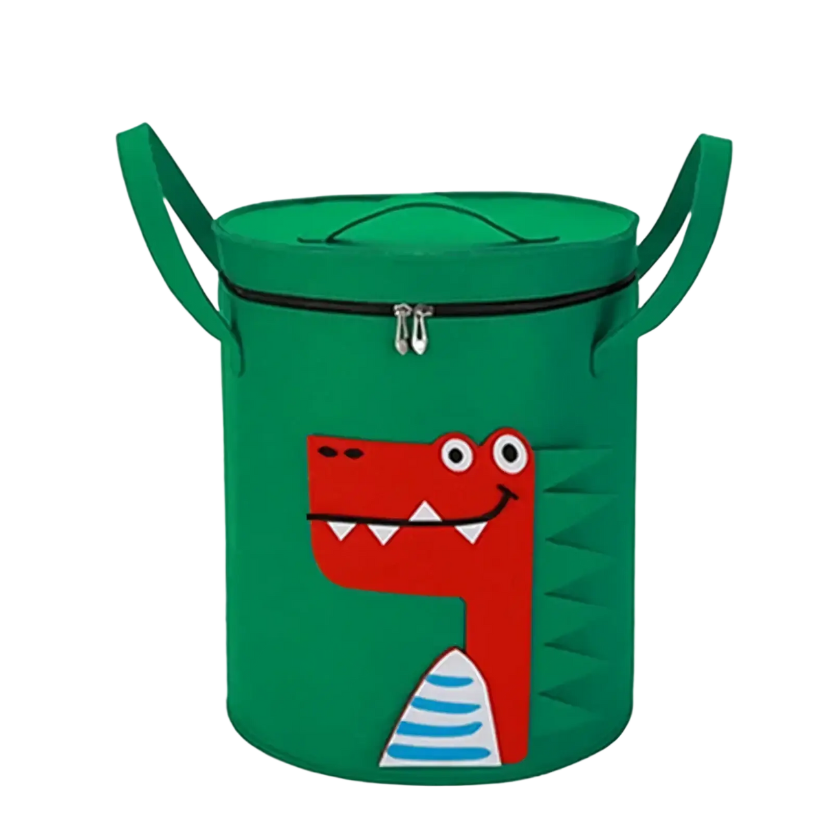 Green cylindrical animal toy storage basket with red cartoon crocodile face blue-striped belly black zipper closure