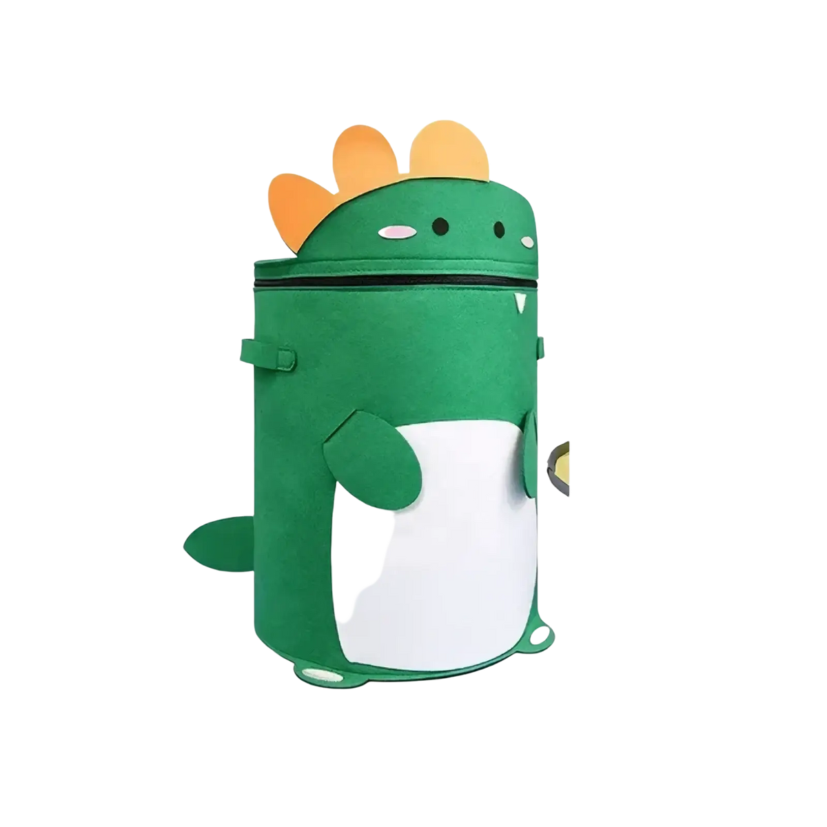 Green dinosaur-shaped fabric storage bin with orange spikes and white belly for animal toy storage basket with lid